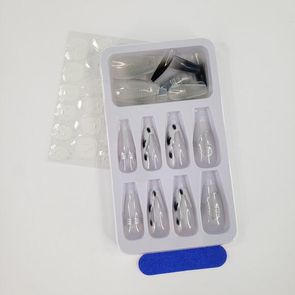 24pc Press On Nails Set Medium Coffin Style White Clear Clear Silver Butterfly - Picture 3 of 8